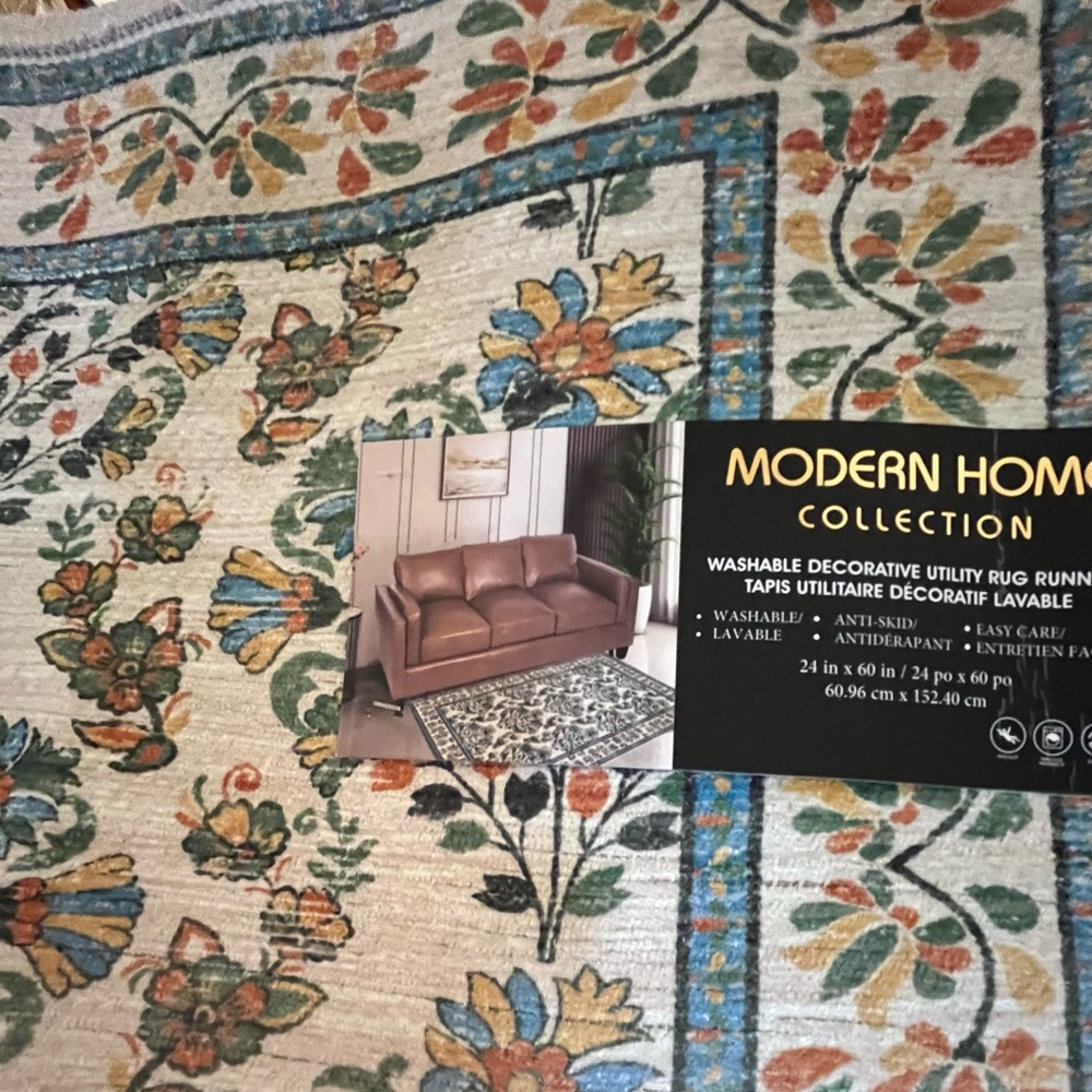 NWT Modern Home Floral Washable Utility Rug Runner 24 x 60’